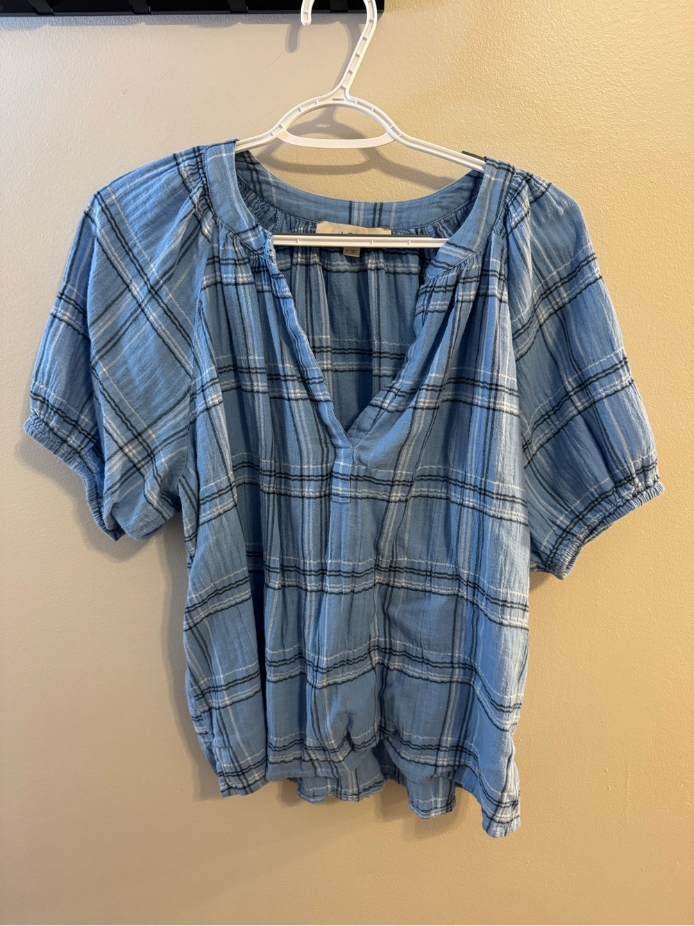 LOFT Light Blue Plaid Split V-Neck Short Sleeve Top